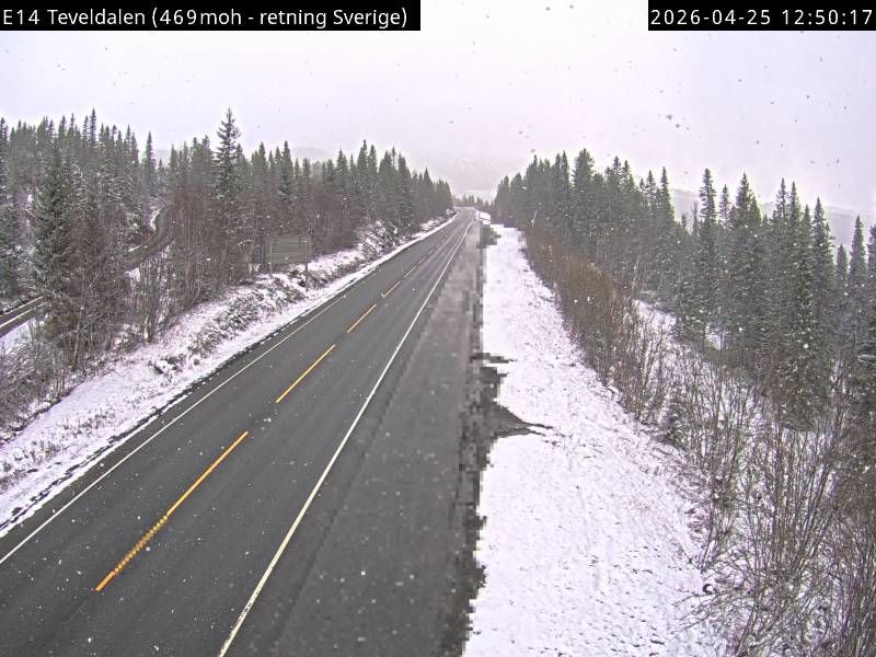 Lørdag formiddag falt snøen på E14 i Teveldalen, 469 moh. nær svenskegrensa i Trøndelag. Gradestokken viste −2 klokken 12. 30.