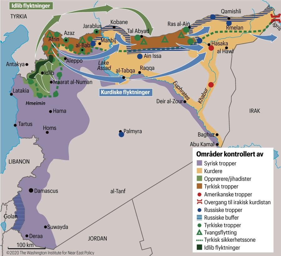 Kartet viser mulige flyktningstrømmer fra Idlib i det nordvestlige hjørnet av Syria og mulige kurdiske flyktningestrømmer.