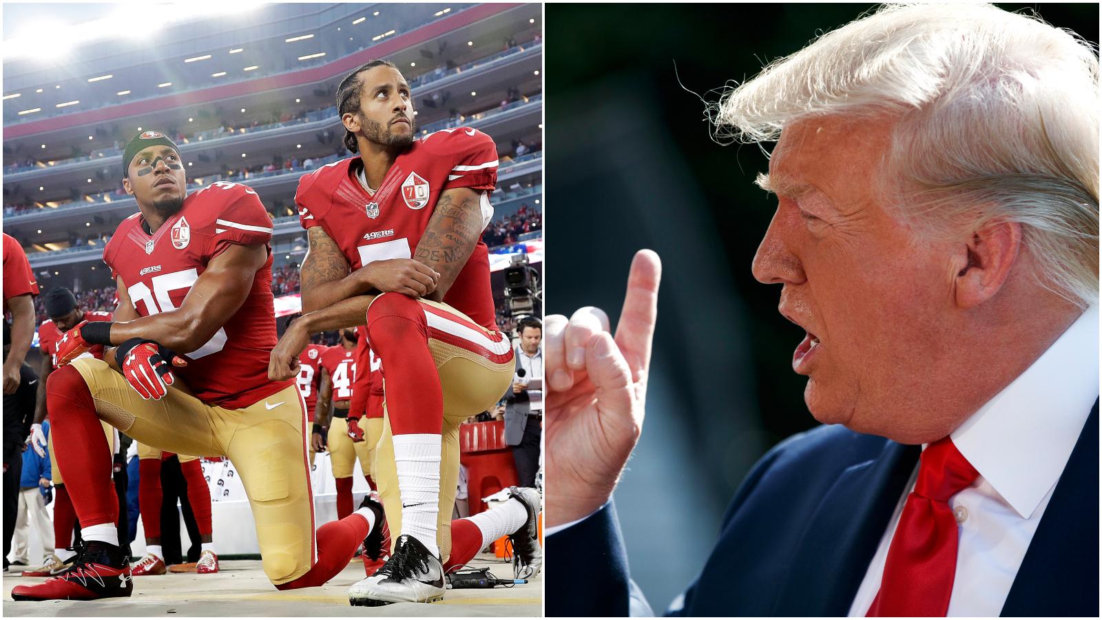 Colin Kaepernick (midten) ønsker seg tilbake til NFL og får støtte fra president Donald Trump.
