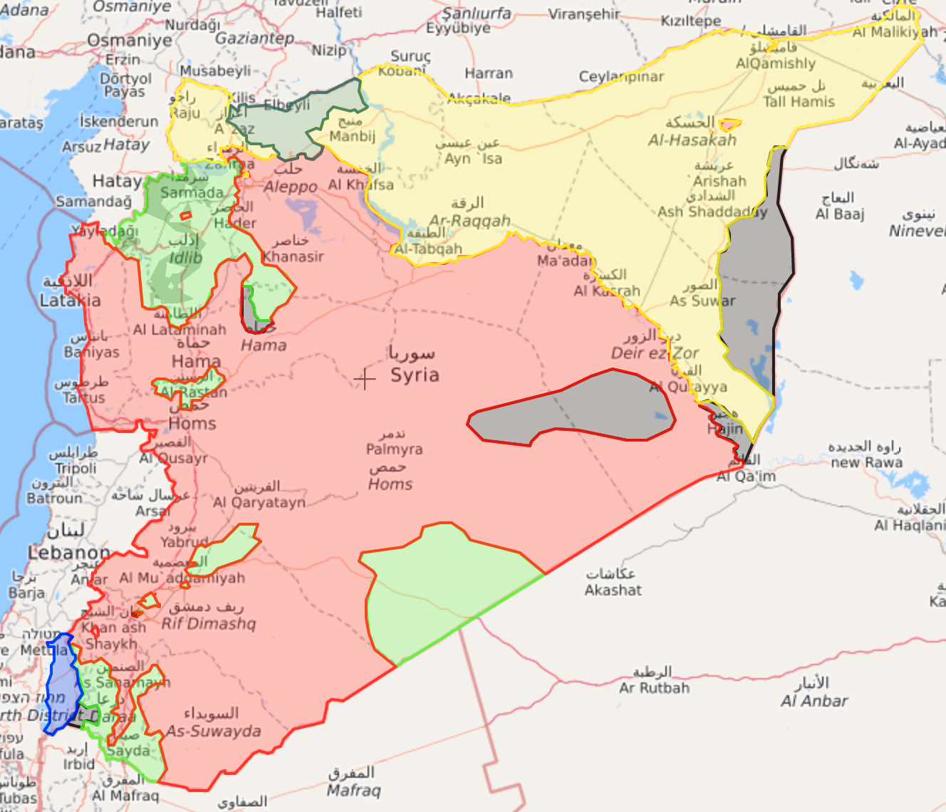 Grensestyrken med 30.000 soldater skal etter planen vokte «grensene» til de kurdiskdominerte delene av det nordøstlige Syria, som på dette kartet er merket med gult. Tyrkia har truet med en militær aksjon mot Afrin, et lite området i det nordvestlige hjørnet av Syria som også er merket med gult. Opprørskontrollerte områder er merket med grønt, regimekontrollerte områder er røde, mens IS-kontrollerte områder er svarte.