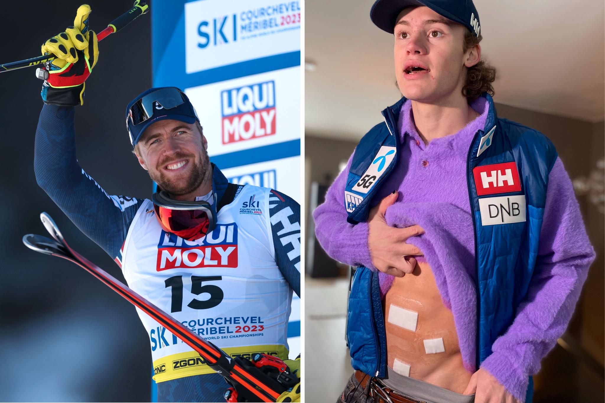 LAGKAMERATER: Aleksander Aamodt Kilde feirer VM-medalje til venstre og Lucas Braathen viser frem sin nyopererte mage til høyre.
