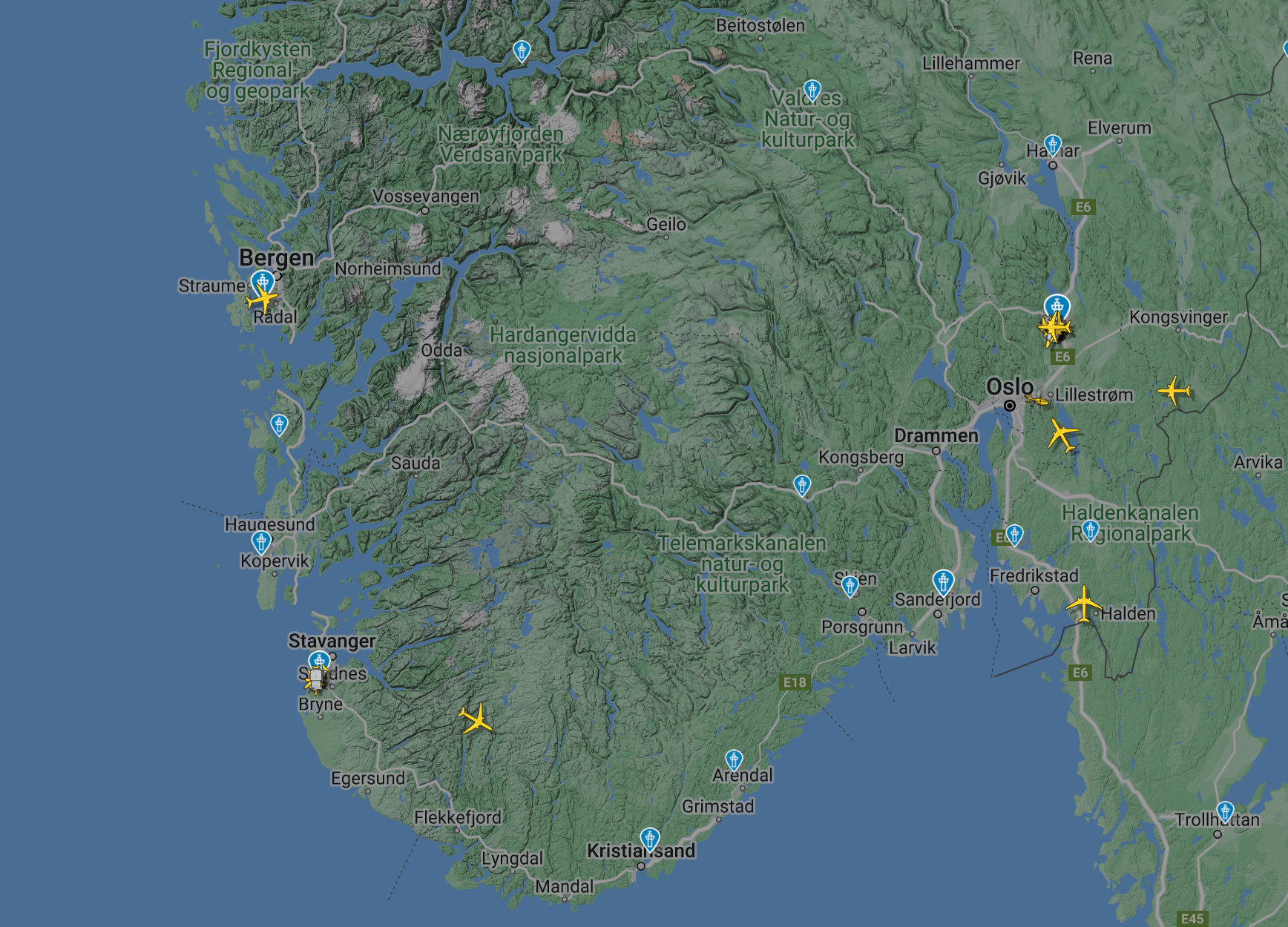  Slik så flytrafikken ut over Sør-Norge i 07-tiden.