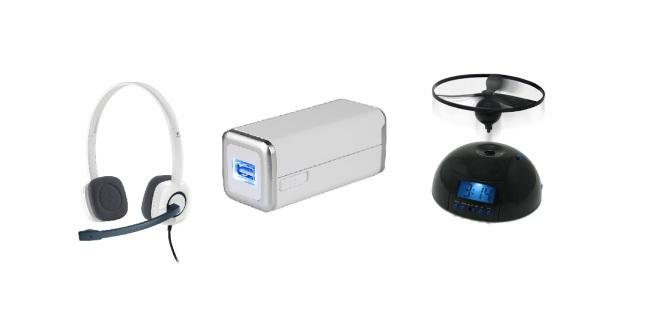 Foto: Produsentene Logitech headset fra Lefdal (149 kr), USB nødlader fra Clas Ohlson (99 kr) og flygende vekkerklokke fra coolstuff.no (289 kr). Foto: Produsentene