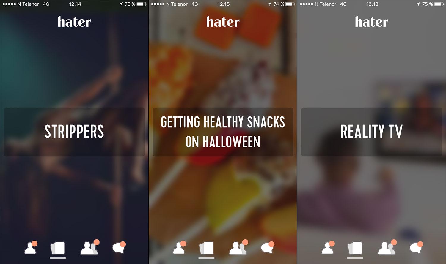 Hva hater du, hva elsker du? Totalt har appen rundt 3000 forskjellige temaer det går an å hate, elske, like eller mislike. Foto: Skjermdump