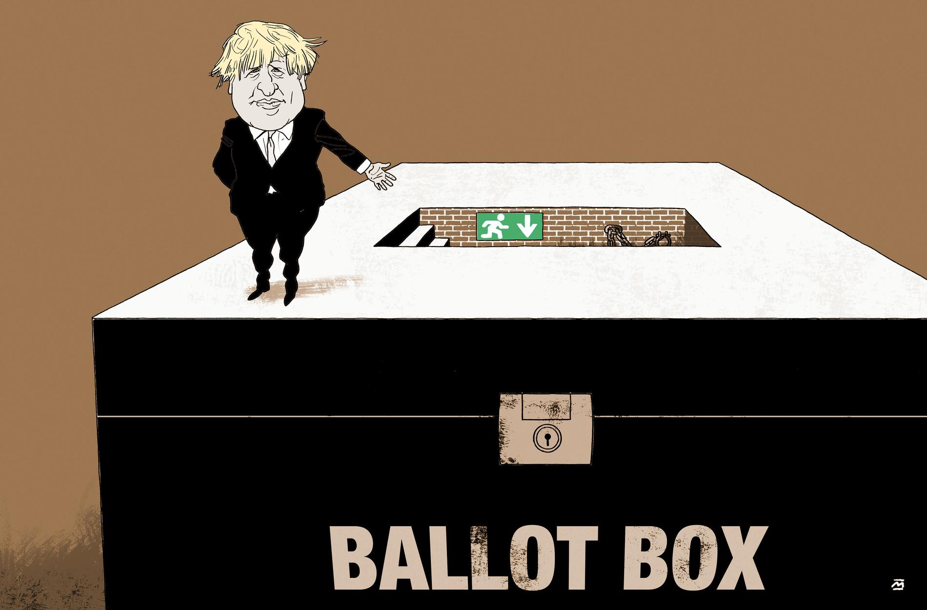 KLAR TIL Å GÅ: Statsminister Boris Johnson vann torsdagens parlamentsval i Storbritannia. – Det betyr at britane no går ut av EU, skriv Morten Myksvoll. ILLUSTRASJON: MARVIN HALLERAKER.