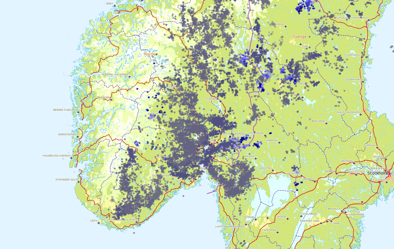  Dette kartet fra Meteorologisk institutt viser lynnedslag i Sør-Norge det siste døgnet.
