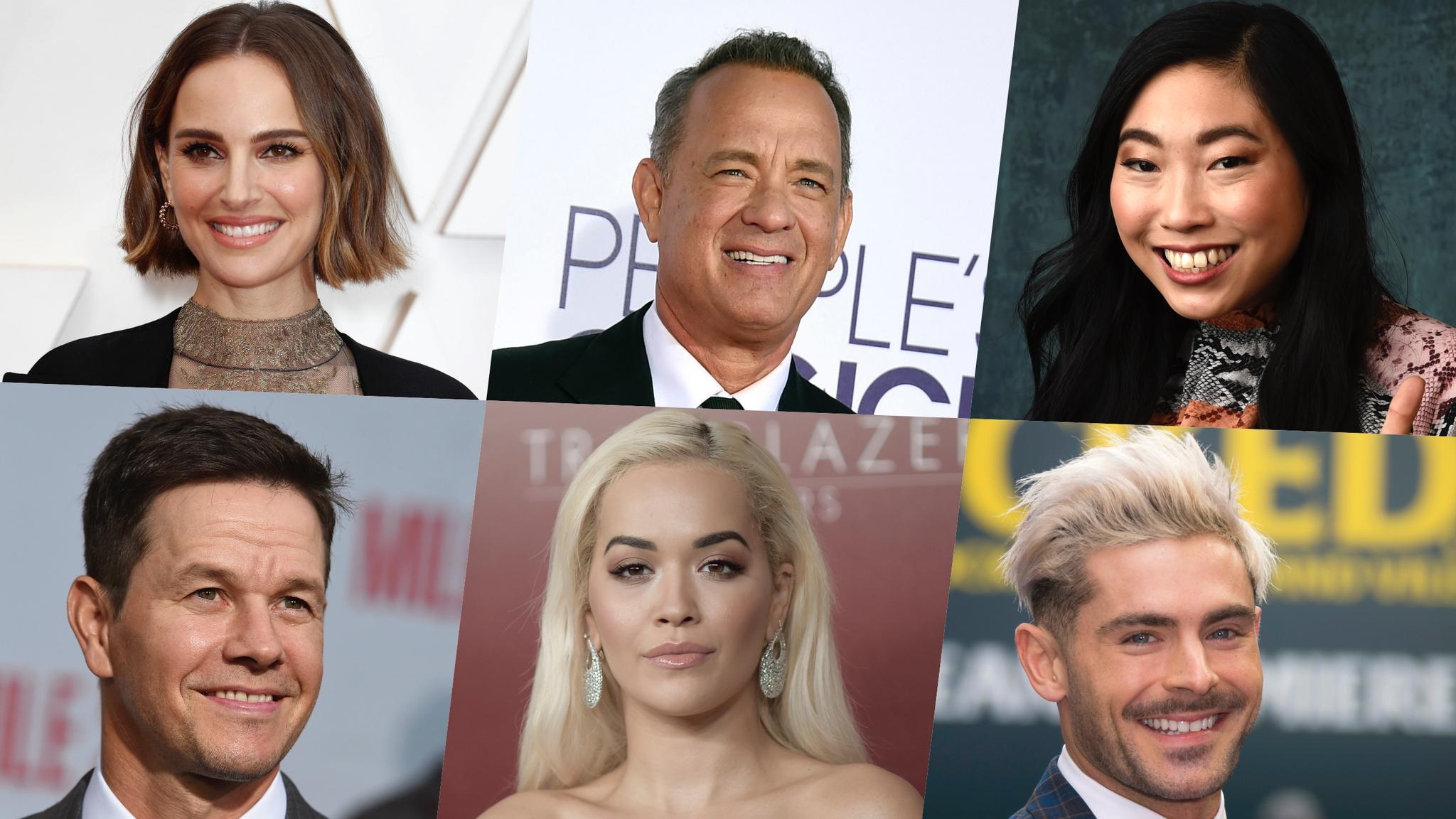 Her er noen av de utenlandske kjendisene som har vært i Australia det siste året. Øverst fra venstre: Natalie Portman (39), Tom Hanks (64) og Awkwafina (32). Nederst fra venstre: Mark Wahlberg (49), Rita Ora (30) og Zac Efron (33). 