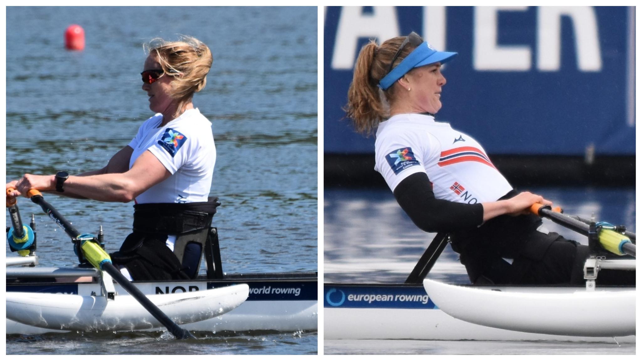 Birgit Skarstein i verdenscupen i Poznan i 2019 (til venstre) og i EM 2021 (til høyre). Den nye båten gir henne muligheten til å lene seg mye mer bakover.