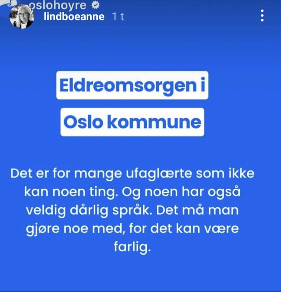 Dette budskapet ble lagt ut på Anne Lindboes Instagram-konto mandag. Oslo Høyre har beklaget posten i etterkant. 