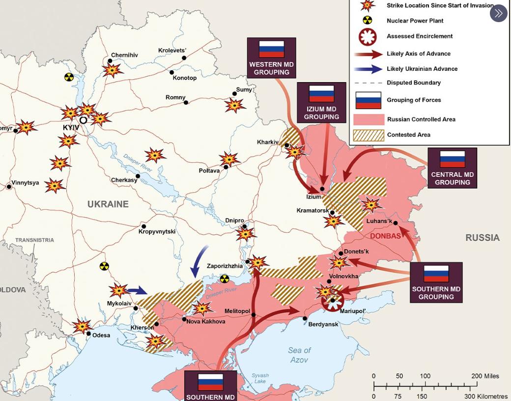 Slike er bildet som britisk etterretning tegner av slaget om det østlige Ukraina nå. De fleste russiske angrepene skjer i de nordlige områdene ved byen Izium, men ukrainerne har gått til motangrep i sør. Hele frontlinjen nå er om lag 1200 kilometer.