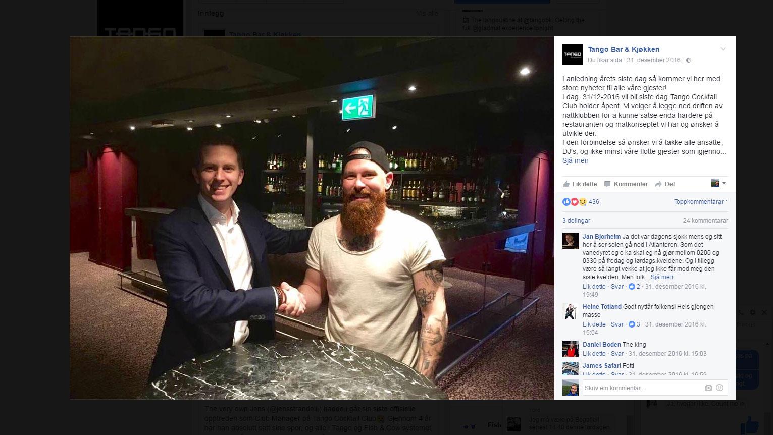 Nyttårsaften offentliggjorde Tango Bar & Kjøkken på sin Facebook-side at nattklubben legges ned. Samtidig ble det kjent at Jesper Rosvall fra Broremann Bar skal ta over lokalene.