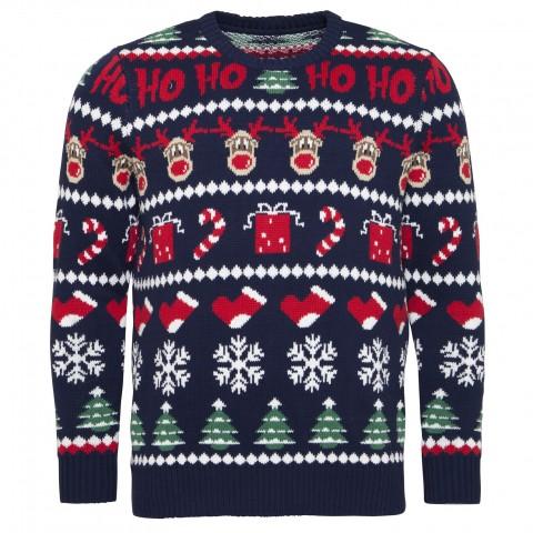ALT: Tekst, reinsdyr, gaver, sokker, snø, trær - hva er det denne genseren ikke har??