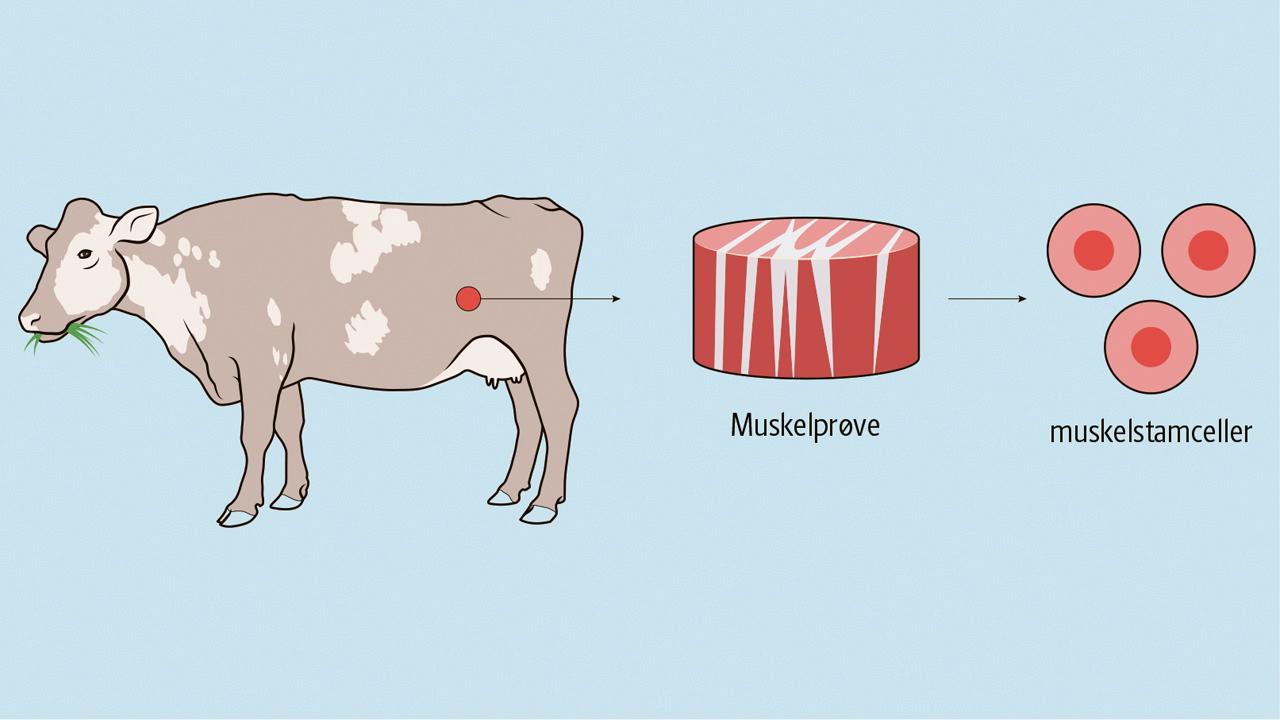 I laboratorium blir kjøtt laget ved å hente muskelstamceller fra en ku. 