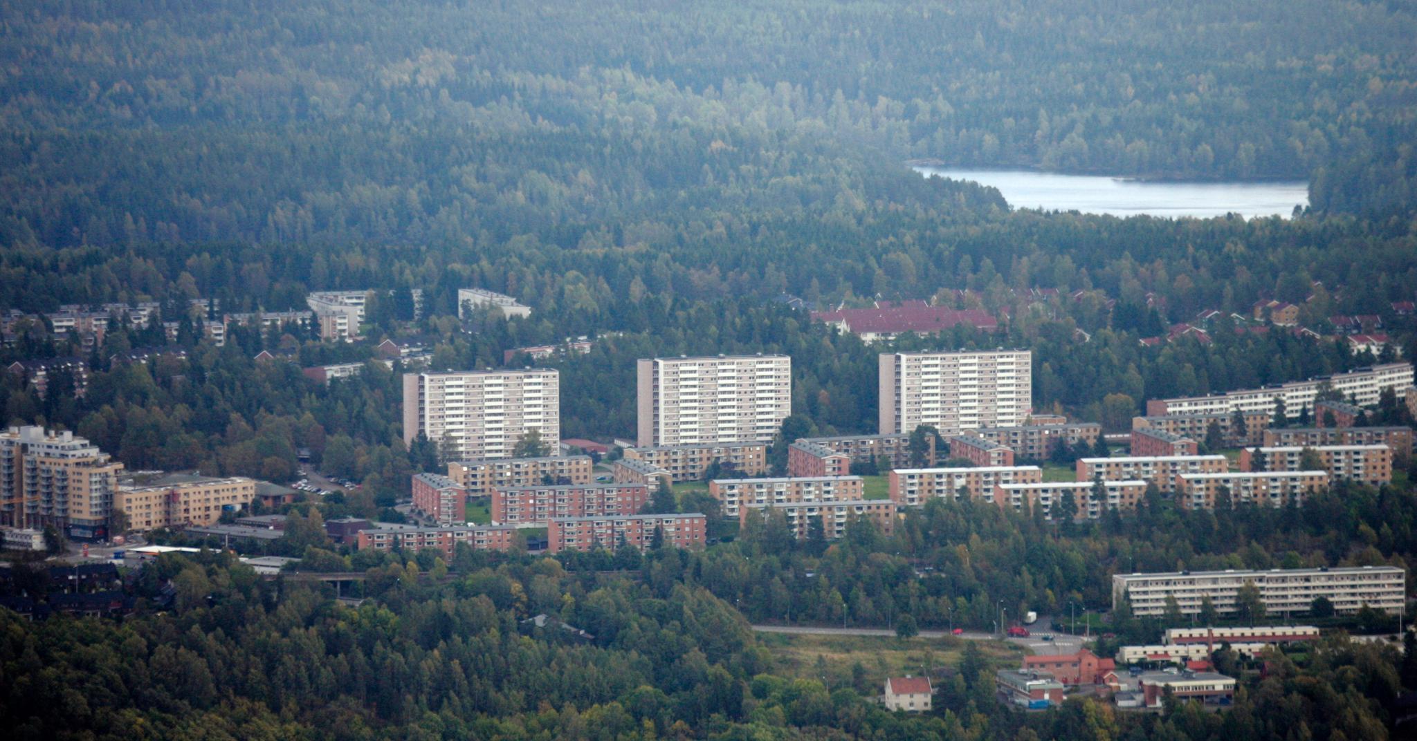 Høyblokkene på Bøler har ansiktet vent mot vest og ryggen vent mot skogen i øst.