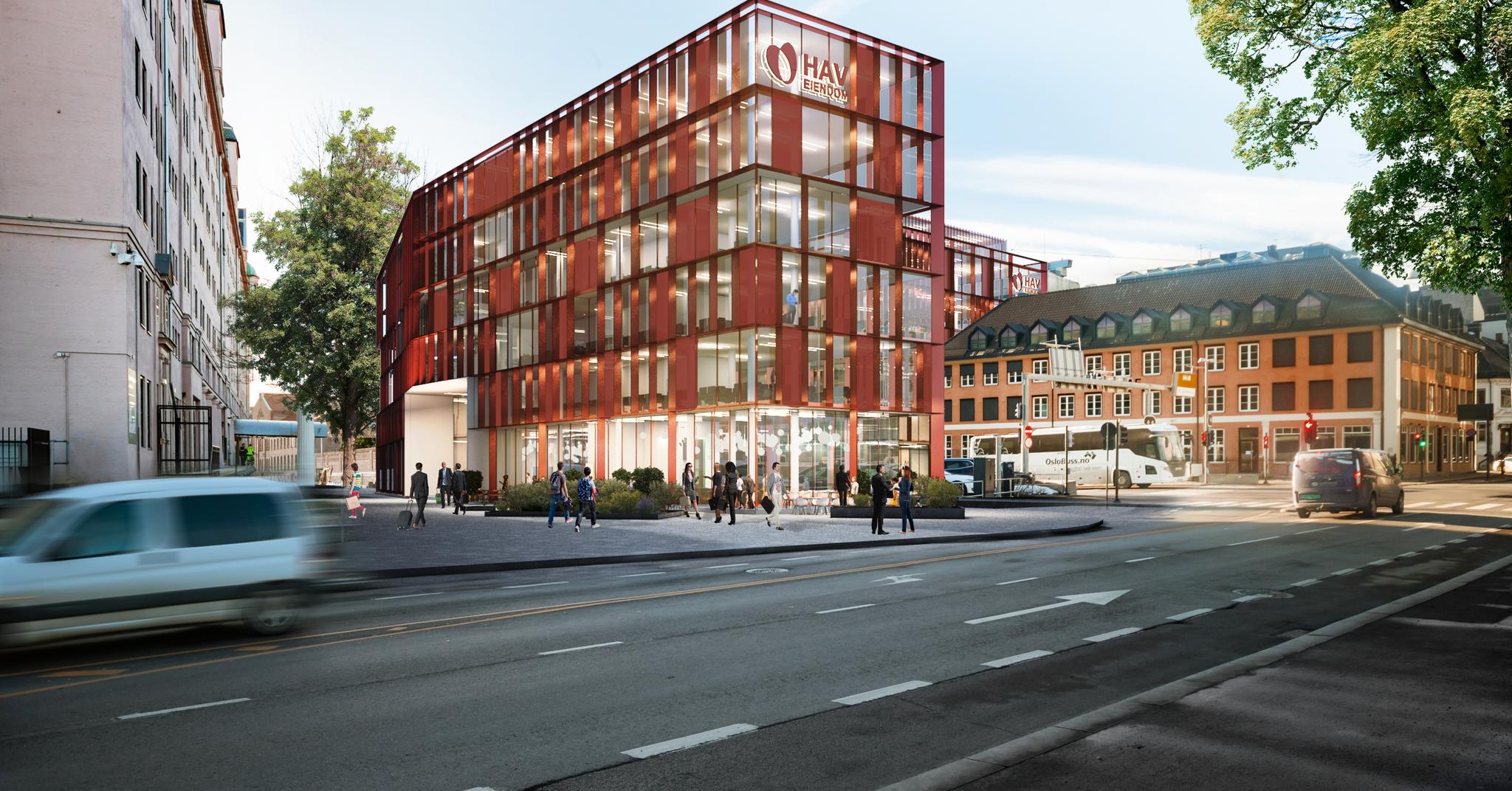 Slik ser Hav Eiendom for seg at det nye kontorbygget i Bjørvika vil se ut. På gateplan planlegges det servering. 
