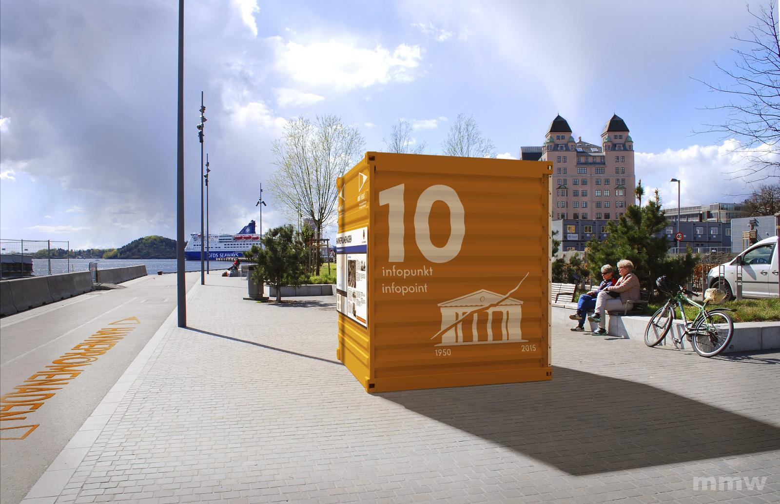 Slik skal containerne se ut, store og oransje med informasjon og med tegneserietegninger av Oslo på 60-tallet.