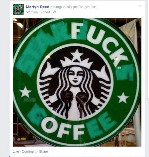 BOKSTAV: Kutter du en del av bokstavene i Starbucks Coffee ender du opp med denne ikke spesielt hyggelige oppfordringen. SKJERMDUMP