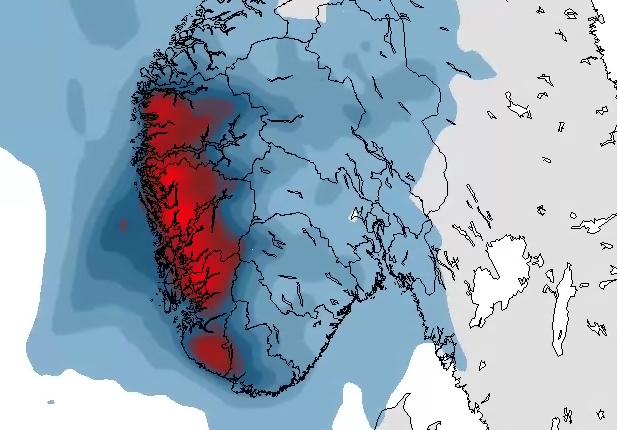 REGNVÆRET: Det røde feltet viser regneværet som nå treffer vestlandet. 