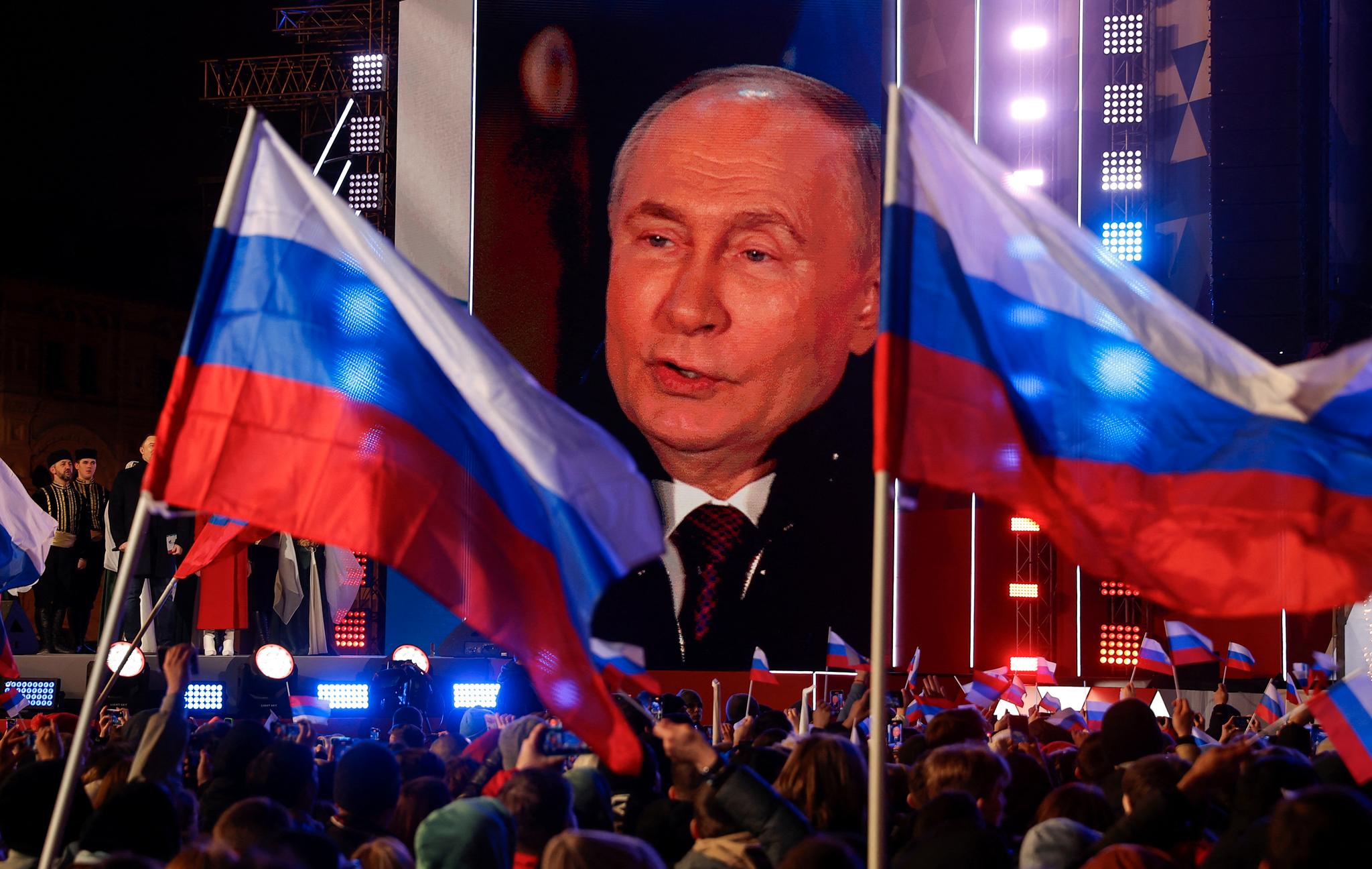 Vladimir Putin ble erklært som vinner av valget i Russland. Her fra et arrangement i Moskva 18. mars.