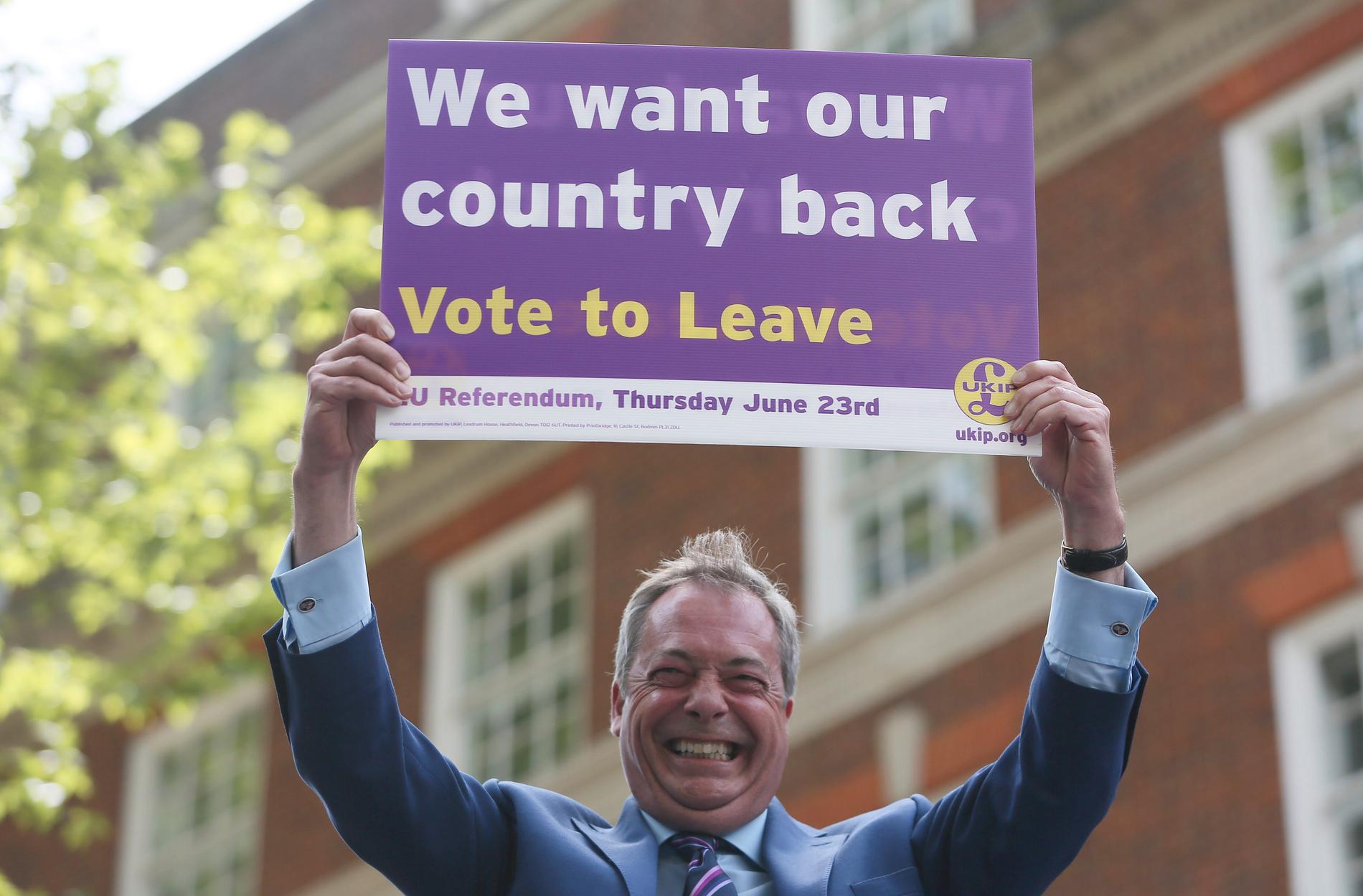 NEI-SIDEN: Nigel Farage i UKIP er en ivrig forkjemper for utmelding av EU og bruker innvandring som hovedargument.