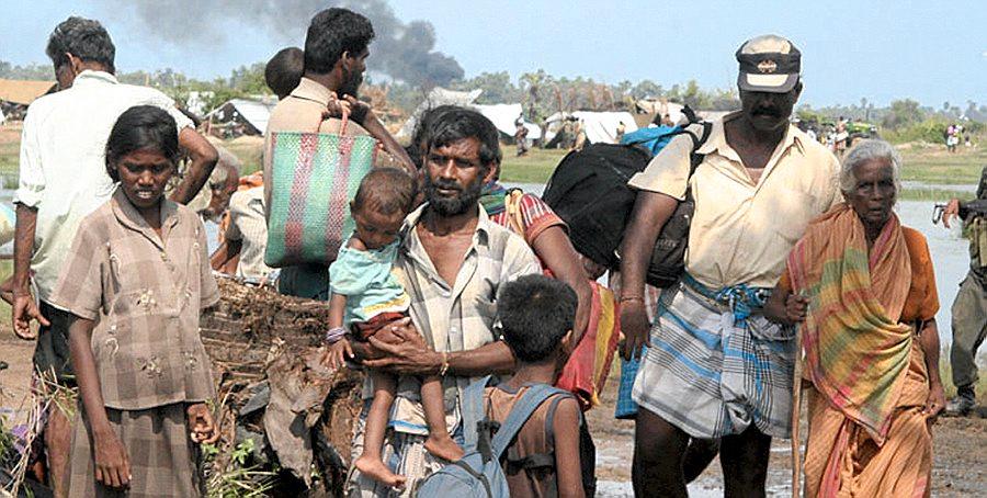 Dette bildet fra krigens siste fase i april 2009 er tatt av den srilankesisiske hæren, og viser tamiler som angivelig flykter fra områder som ble kontrollert av de tamilske tigrene. 