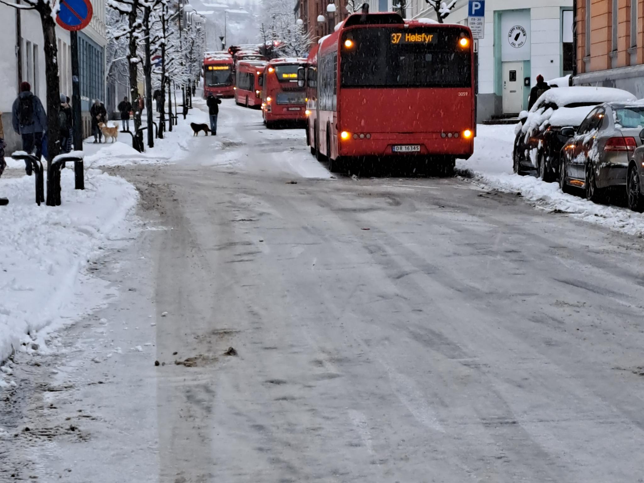 I Schweigaards gate i Oslo ble veien fullstendig sperret av busser. 