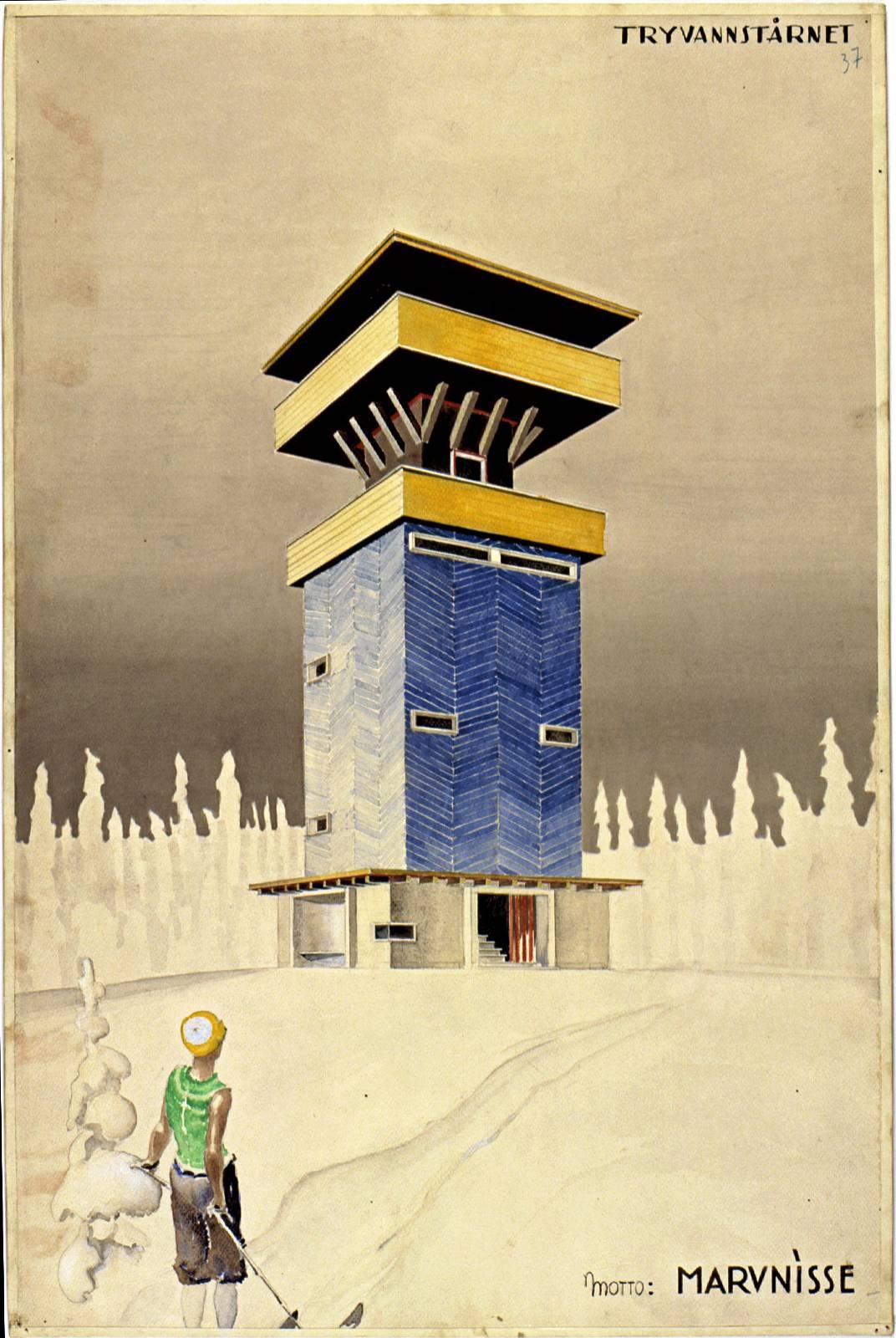 Dette var et av forslagene til tårnet som ble bygget på 30-tallet. Planene ble for dyre, og kommunearkitekten tegnet i stedet et mer nøkternt tårn. 