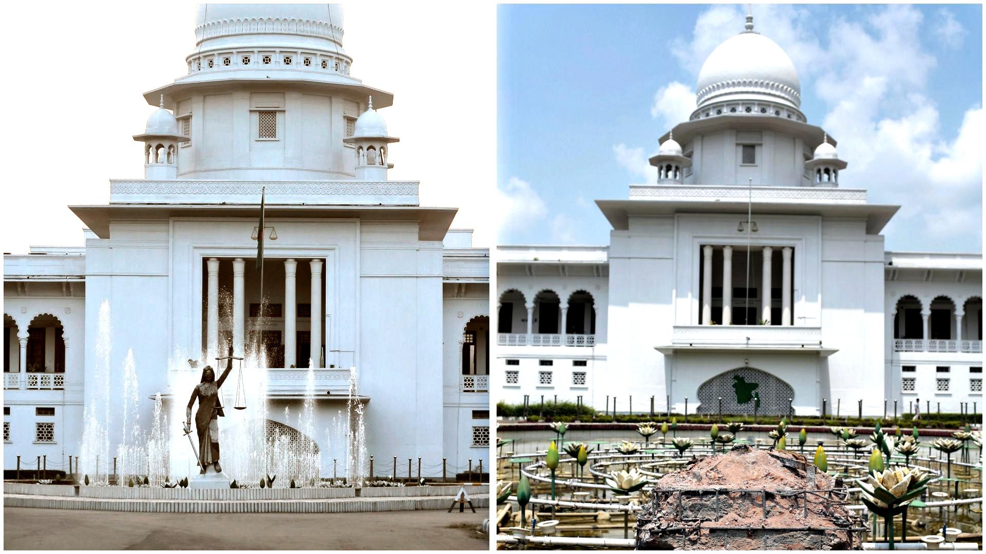Plassen foran høyesterett i Dhaka med og uten statuen av Fru Justitia.