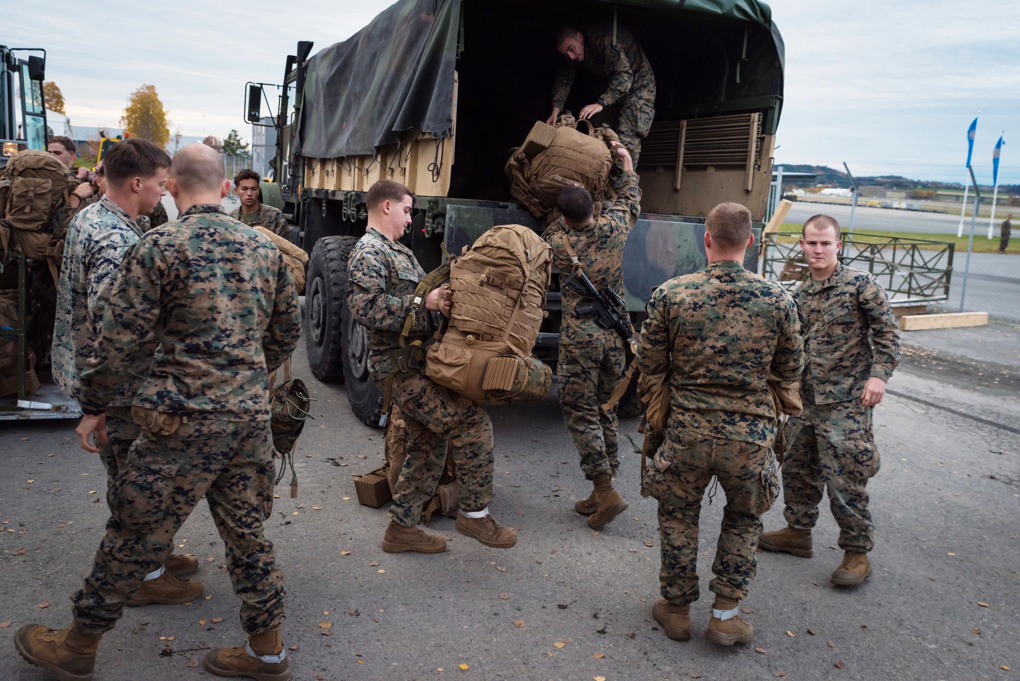 16. oktober 2018. Soldater fra US Marines ankommer Værnes for å delta på storøvelsen Trident Juncture. I årene som kommer, skal amerikanske soldater bli et vanlig syn mange steder i Norge.