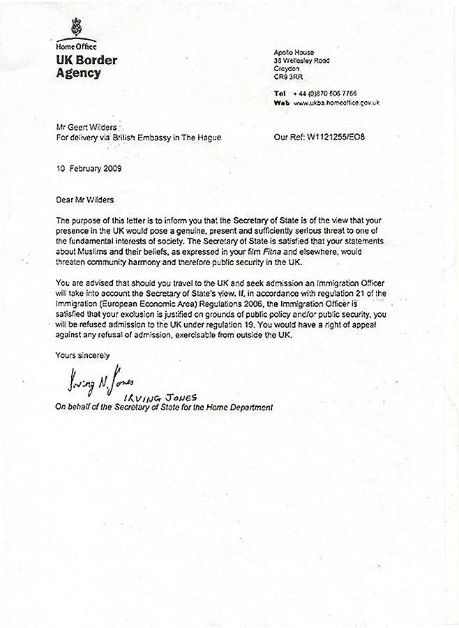 Brevet fra britiske myndigheter til Wilders, som forklarer at han nektes adgang til landet (klikk for større bilde).