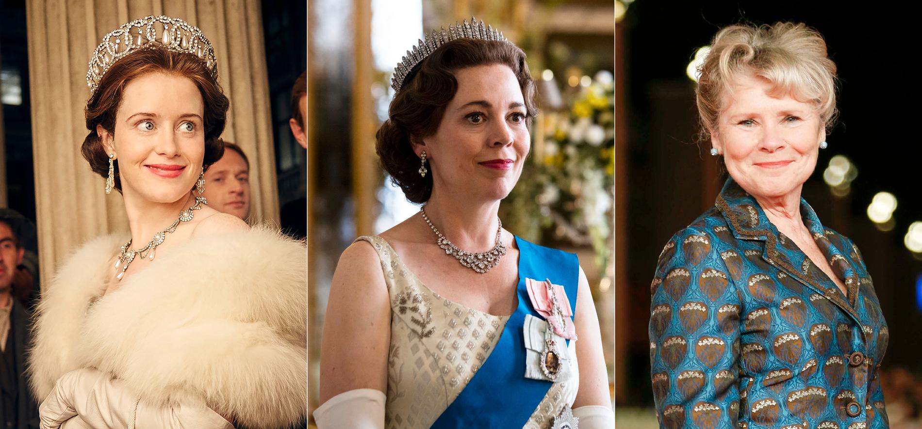 – Lykke til, parykken klør, sier Olivia Colman (midten) til skuespilleren som tar over dronning Elizabeth-rollen etter henne, Imelda Staunton (t.h.). Claire Foy spilte den unge dronningen. 