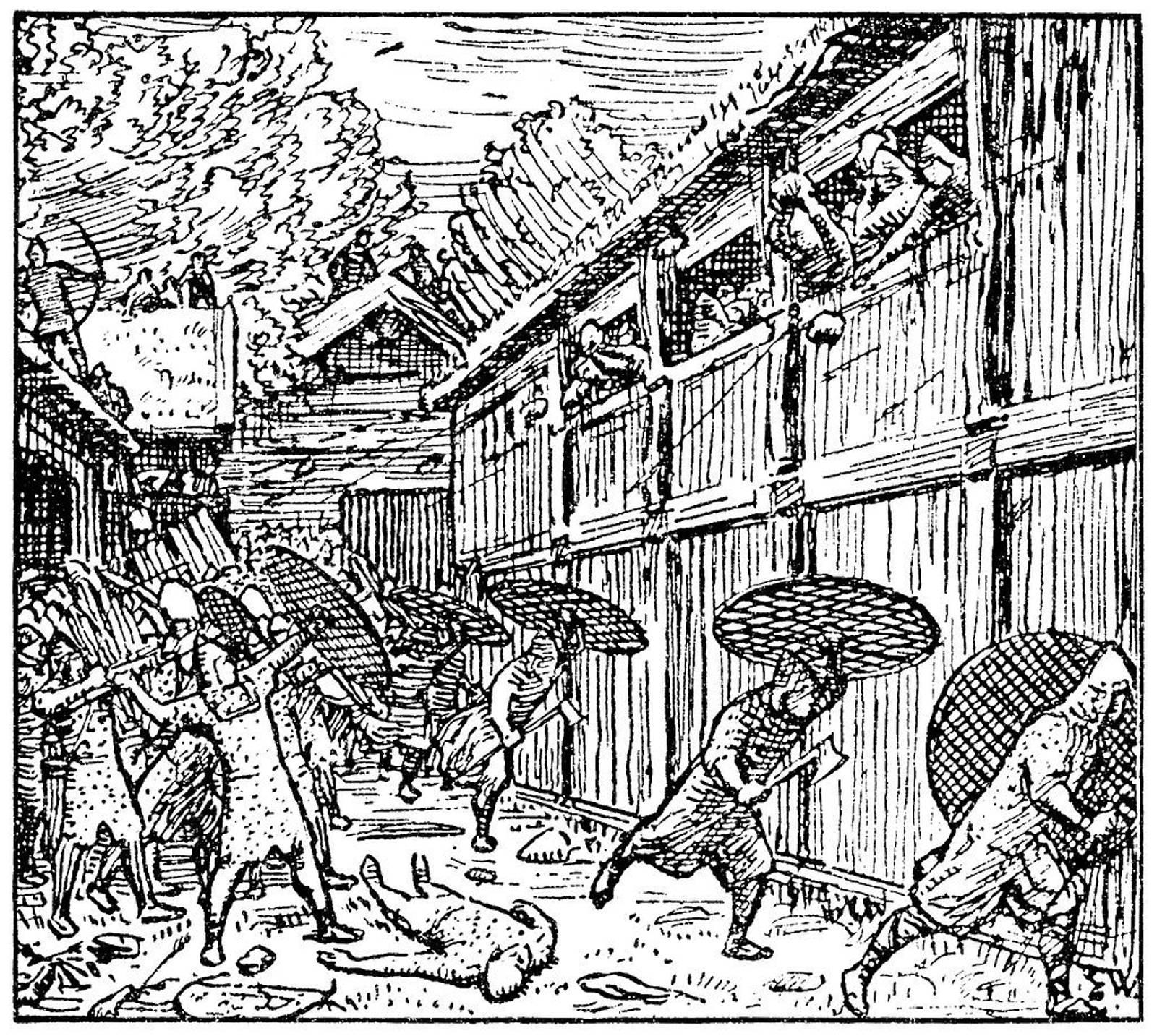 Slik så illustratøren Eirik Werenskiold for seg birkebeinerne i kamp, scenen er hentet fra Snorres saga om Magnus Erlingsson.