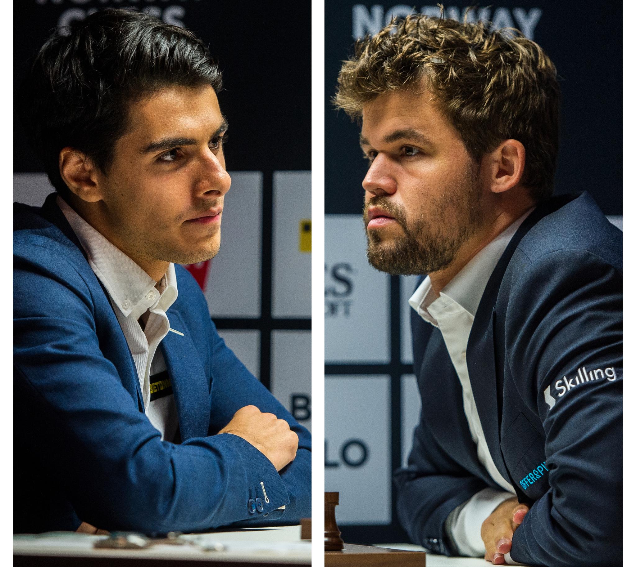 NORGES BESTE: Aryan Tari (t.v.) og Magnus Carlsen. Her er de fotografert i tirsdagens partier.