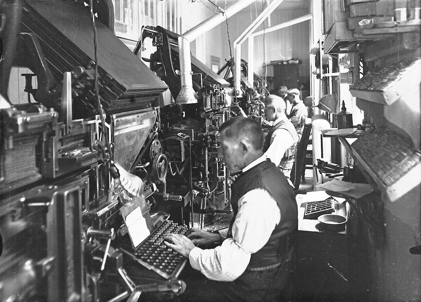 Emil Moestue trykkeri i Norbygata 12 – en stor arbeidsplass i 1938. Nå har Securitas hovedkvarter i bygningen.
