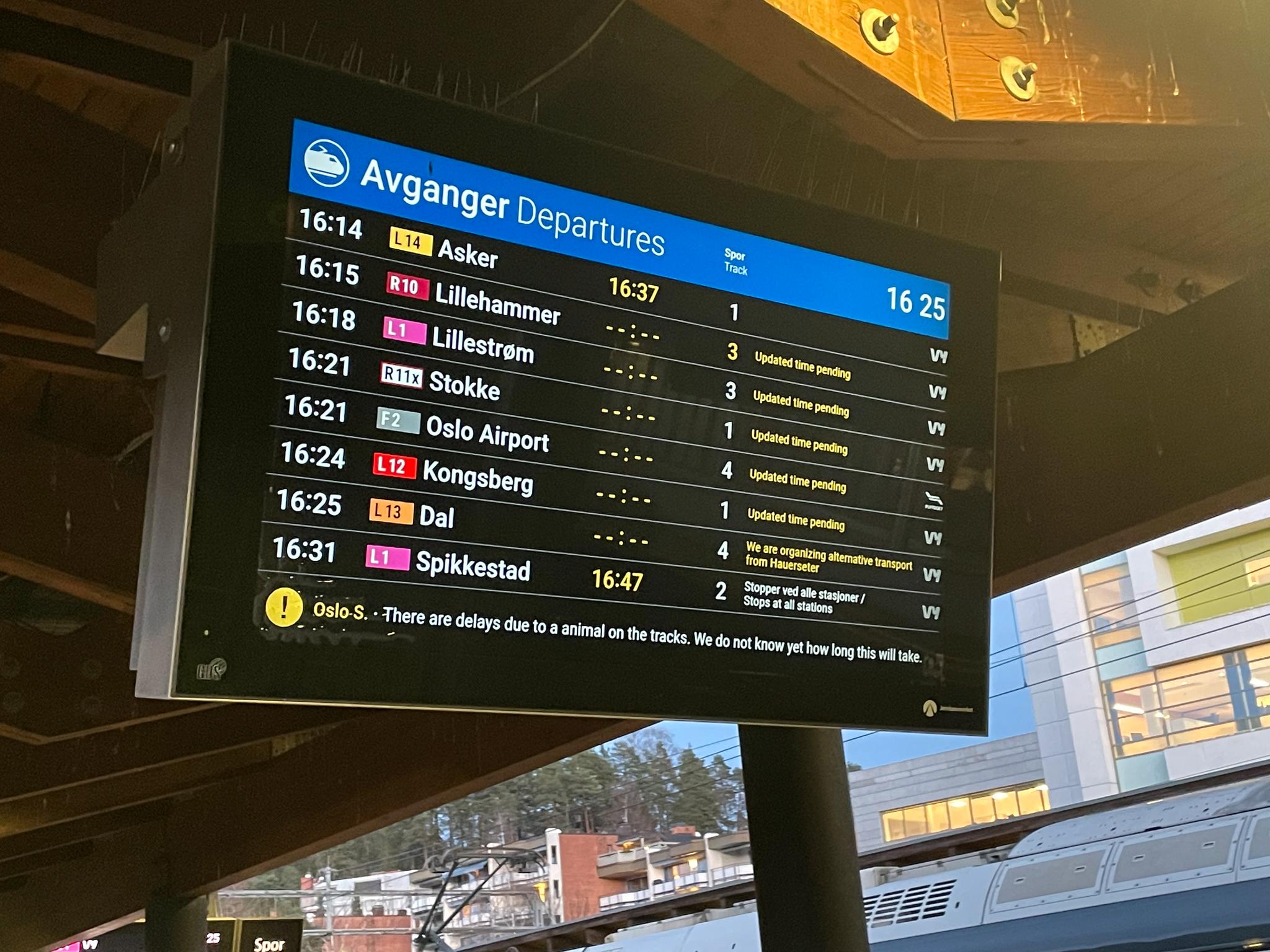 Papegøyen forårsaket forsinkelser på alle tog som går forbi Brynsbakken, i begge retninger fra Oslo S. Her er tavlen fra Sandvika togstasjon. 