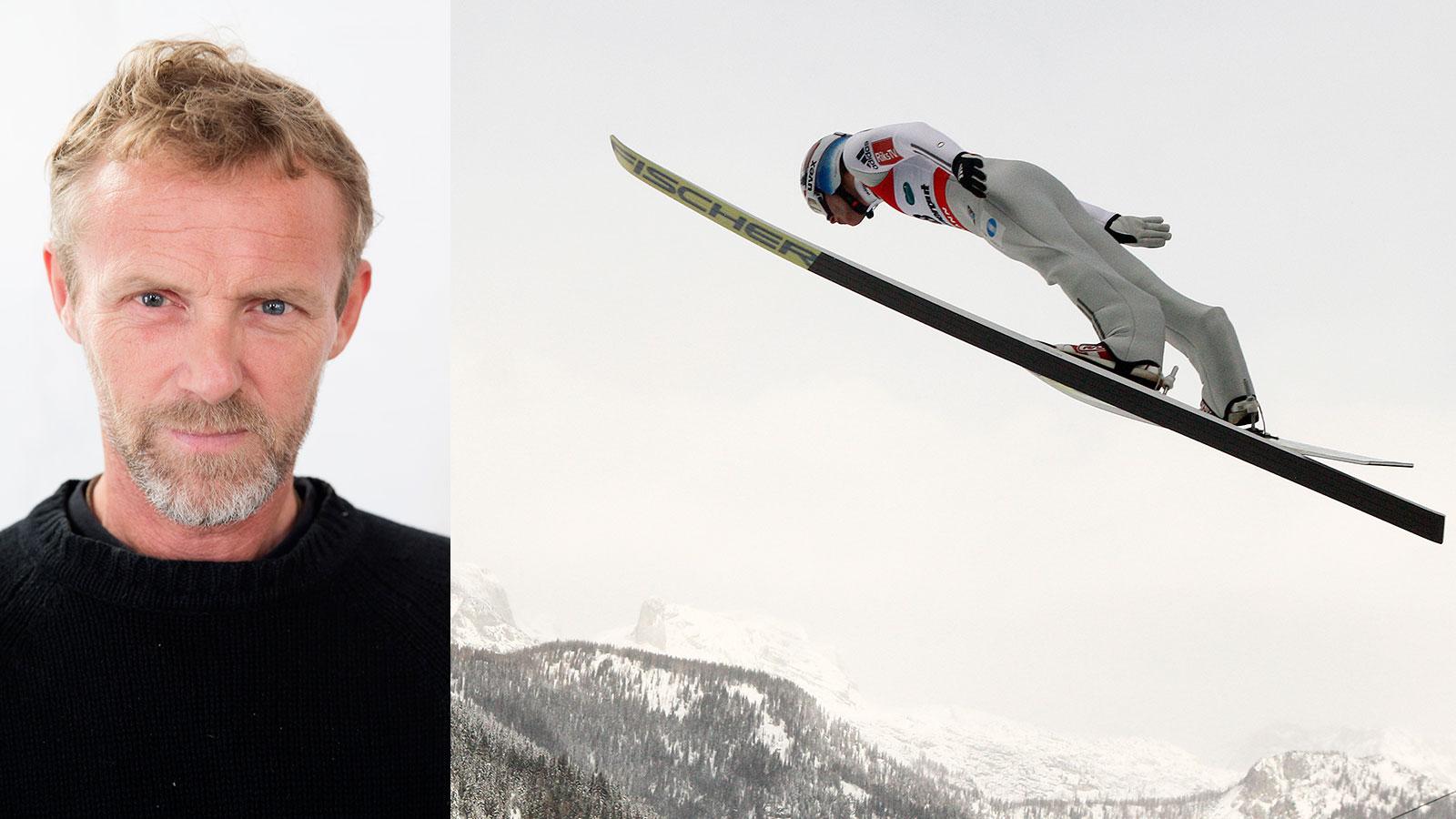 IDÉRIK: Jo Nesbø hadde ideen til laserlinjen i hoppbakken. Her er Kenneth Gangnes i svevet under VM i skiflyging.