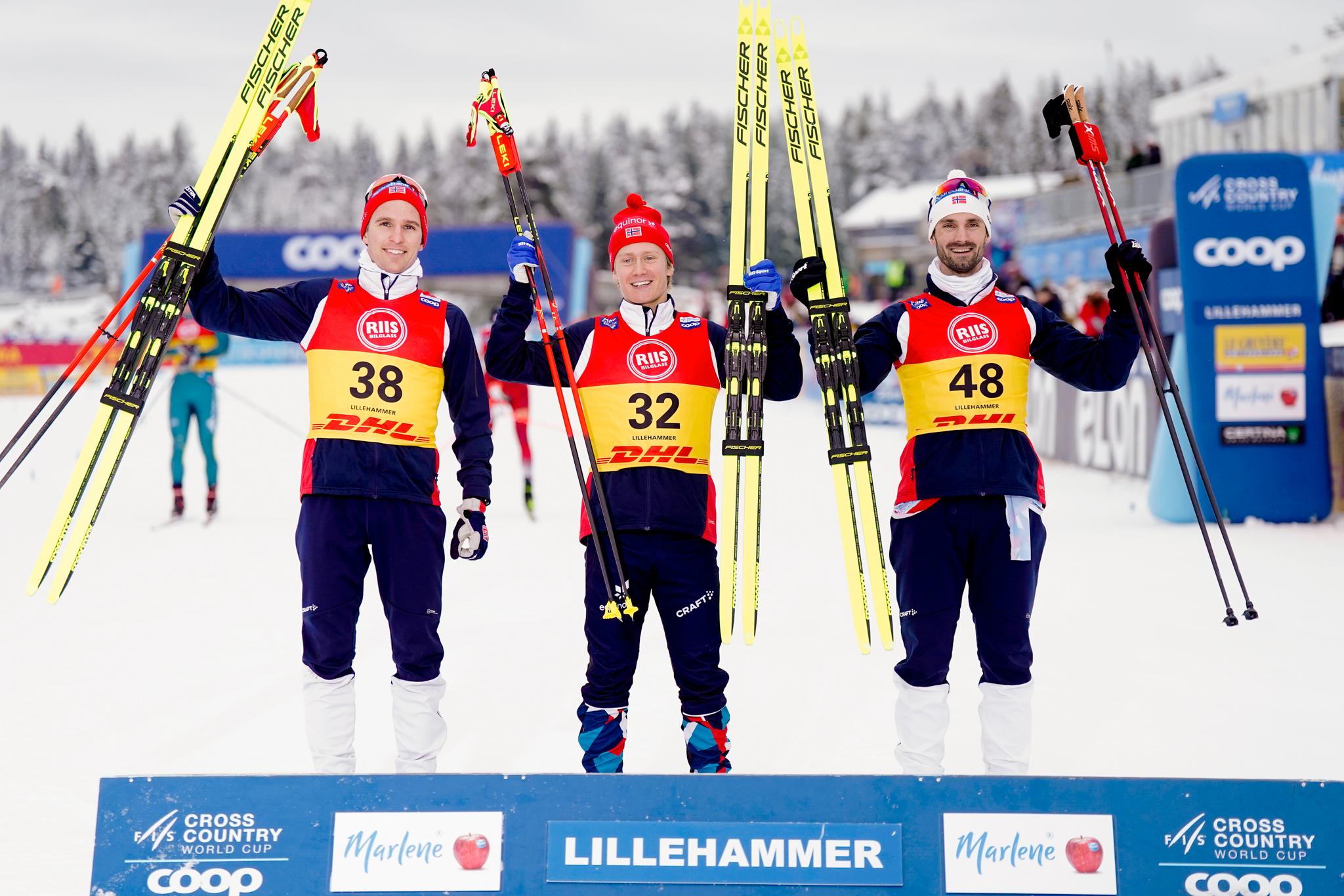 HELNORSK PALL: Iver Tildheim (midten) vant 10 kilometer i fristil foran Didrik Tønseth og Hans Christer Holund på Lillehammer sist helg. Deretter fulgte ytterligere seks nordmenn på topp ti-listen.