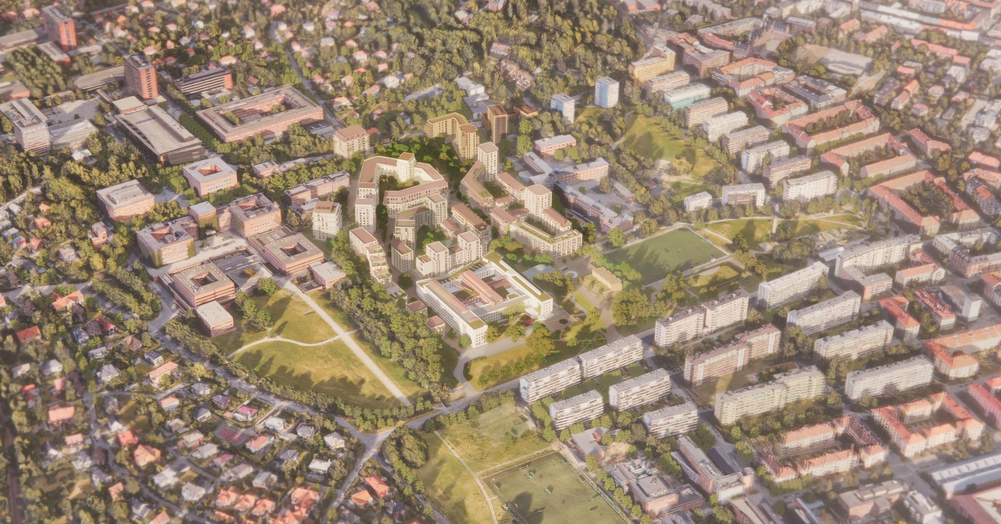 Slik kan NRK-tomten på Marienlyst bli, med 1200 nye boliger og stor park. Blindern til venstre, Kirkeveien til høyre og NRK-huset midt i bildet.