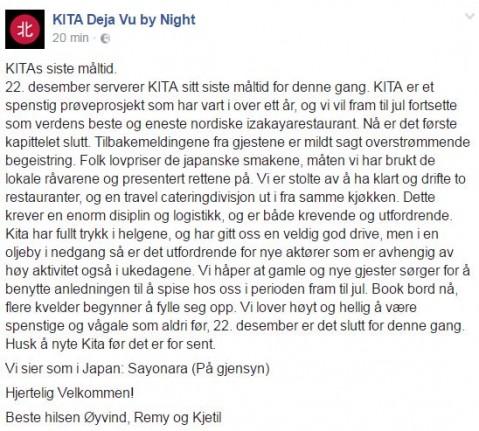 Denne meldingen publiserte Kita på sine Facebook-sider.