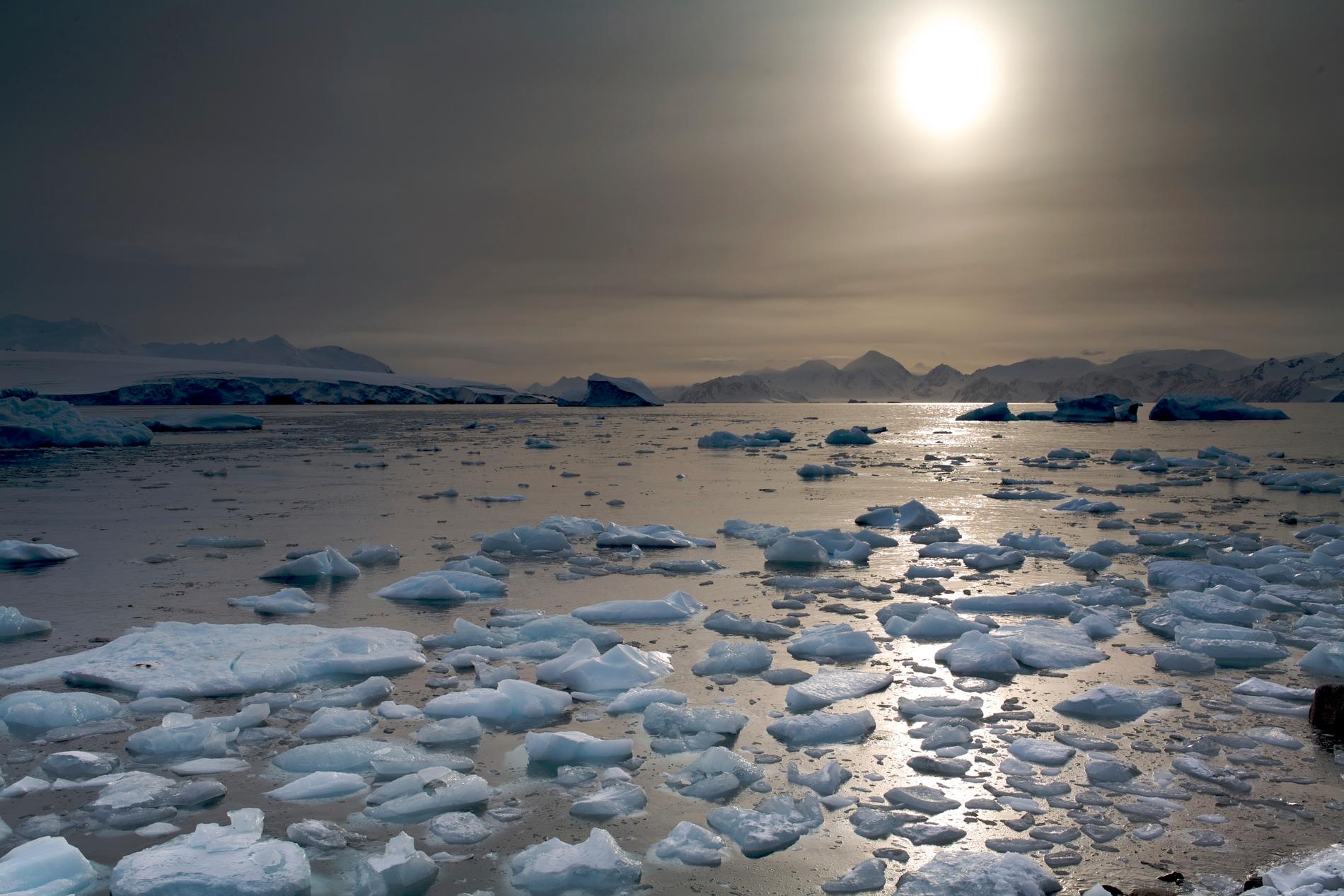Dette bildet viser North Cove i Antarktis der forskerne tror at issmeltingen fortsetter å øke selv om verden skulle klare å overholde målet om å stanse den globale oppvarmingen på under 1,5 grader. 