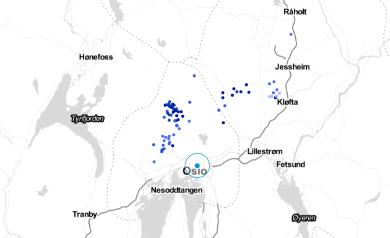 Mellom klokken 18 og 19 ble det registrert lyn kun nord for Oslo.