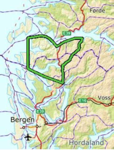 UTPEKT: Dette området i Masfjorden, Lindås, Høyanger og Gulen er ifølge NVE godt egnet for vindkraftutbygging (Kart: NVE).