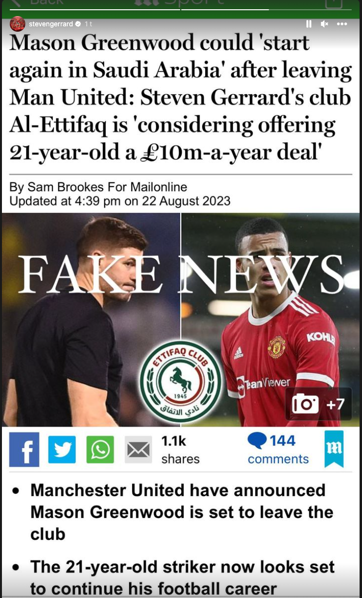 Steven Gerrard skal tilsynelatende ikke hente Mason Greenwood til Al-Ettifaq.