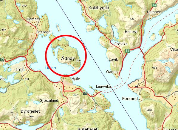 Politiet oppfordrer hytteeiere som har båt på Ådnøy om å sjekke om deres båt/motor fremdeles er inntakt. (Illustrasjon: Statens kartverk)