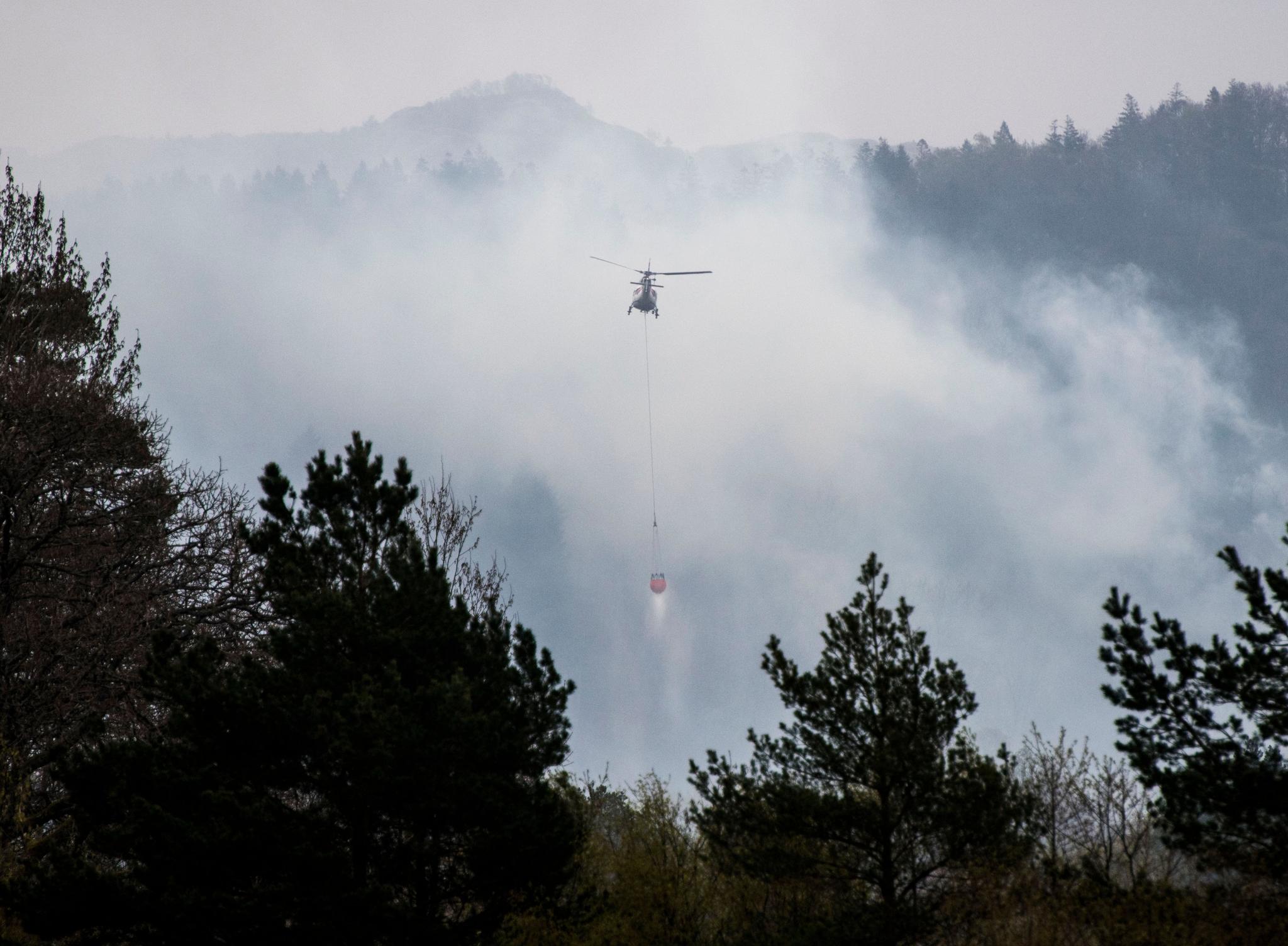 Helikopterne har gått i skytteltrafikk med vann for å «bombe» skogbrannene i Rogaland og Vest-Agder. 