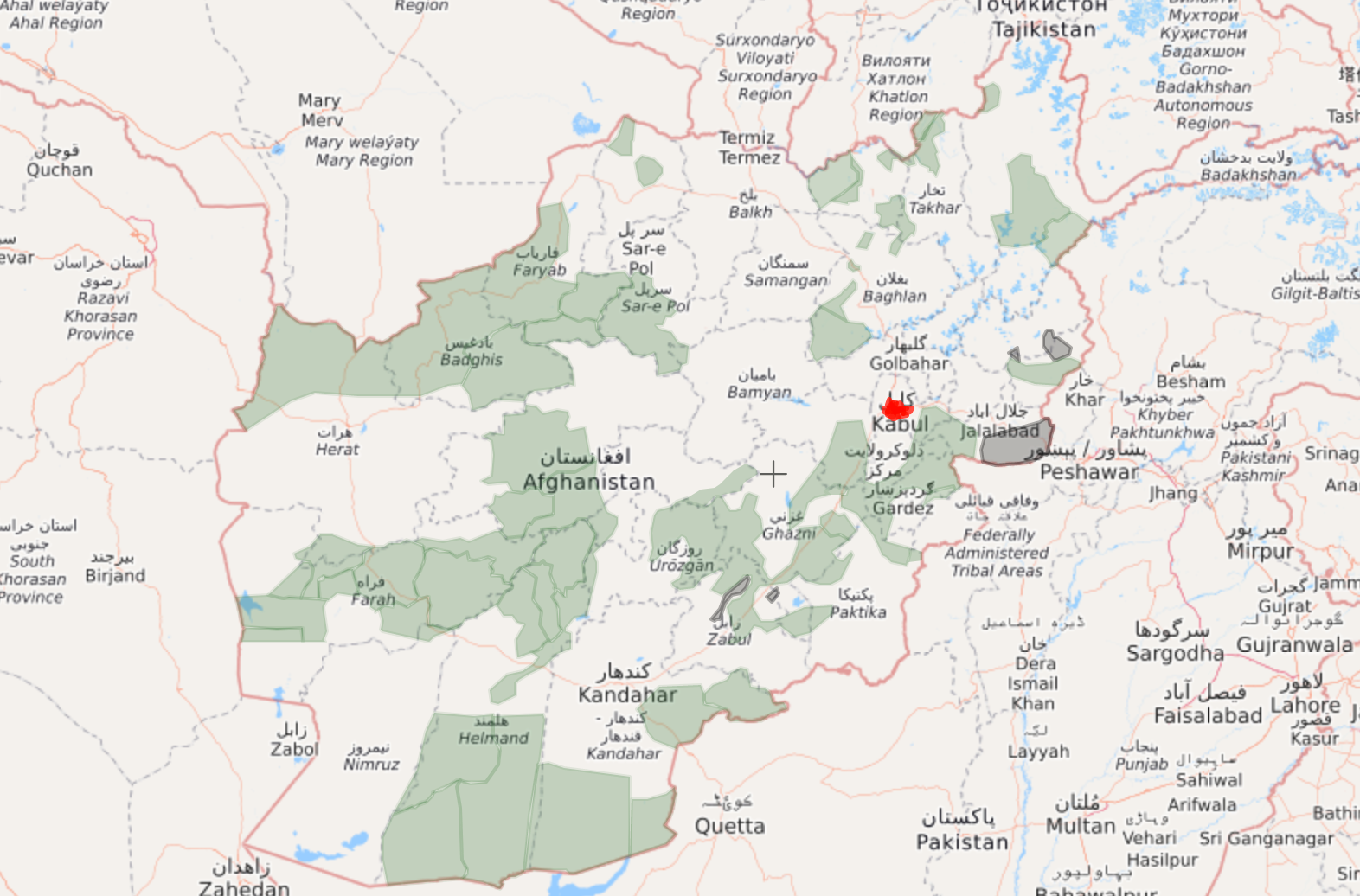 Lysegrønne felt er områder med sterk Taliban-innflytelse. Grå felt er områder med IS-innflytelse.