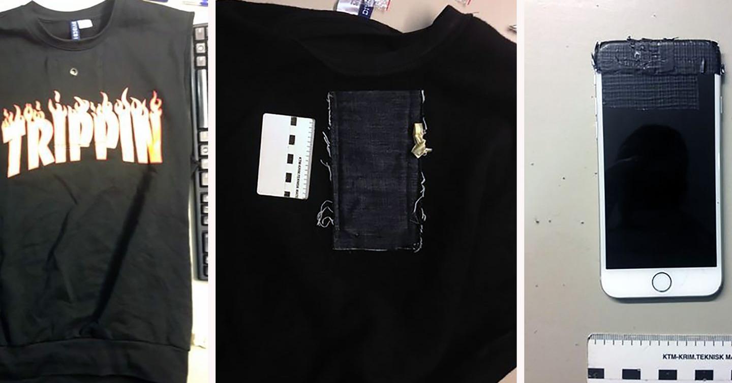 SPESIALSYDD: På T-skjorten er det sydd på en lomme på innsiden av brystet. I lommen er det plass til en Iphone.