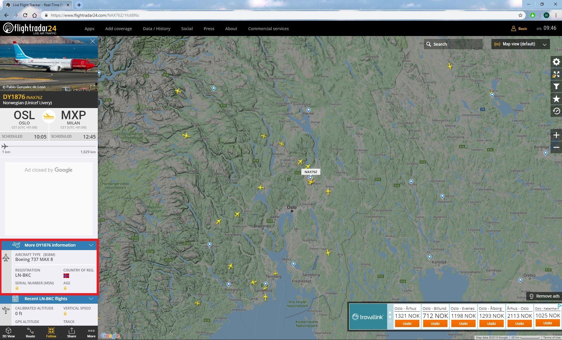 Feltet nederst til venstre viser at Norwegians flyvning DY1876 fra Oslo til Milano opereres med et Bpeing 737 Max 8-fly. Søker du i appen får du opp en egen side med informasjon om flyet.