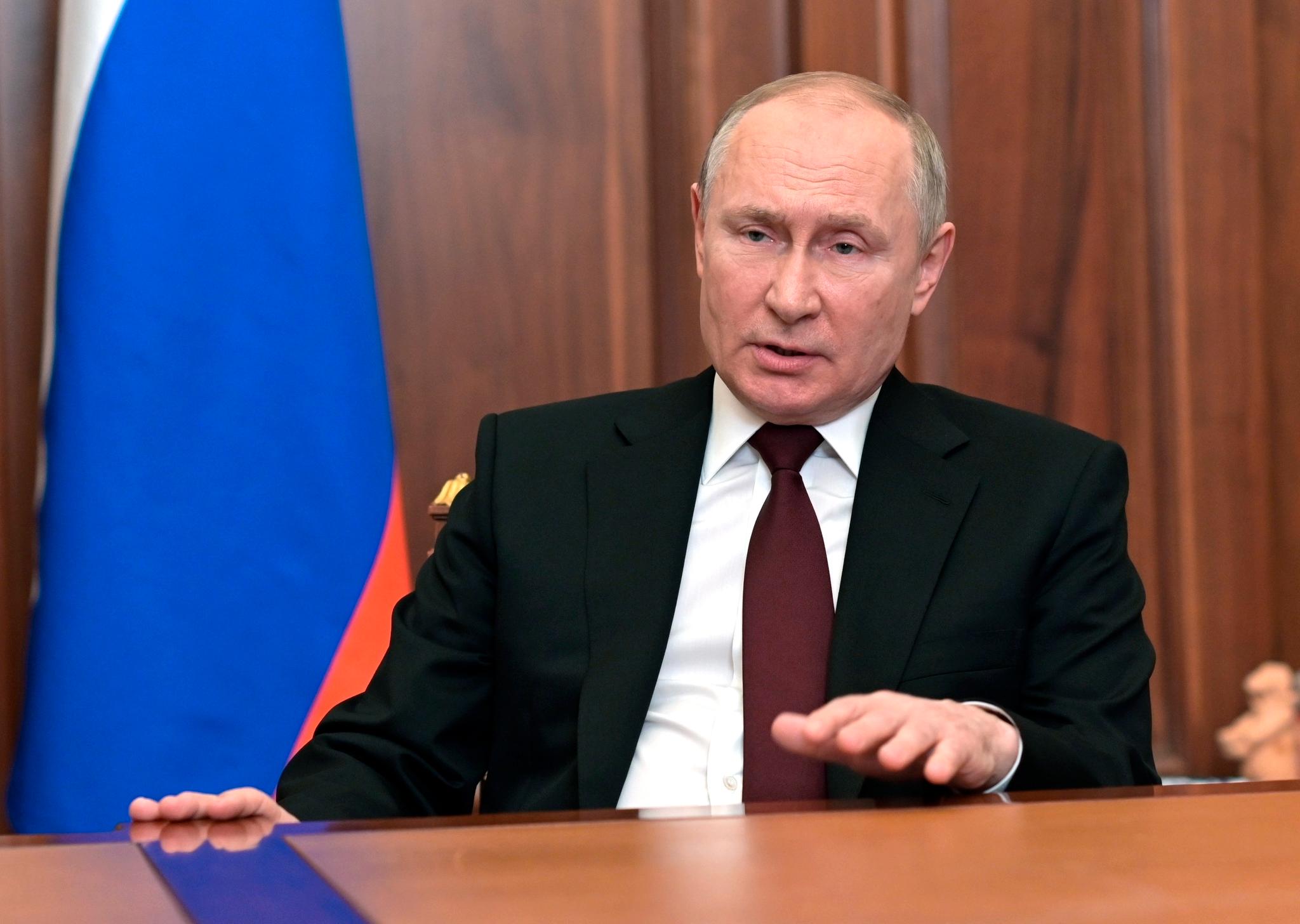 Bildet er fra Vladimir Putins tale 21. februar, hvor han anerkjente de to utbryterstatene Luhansk og Donetsk i Ukraina. 