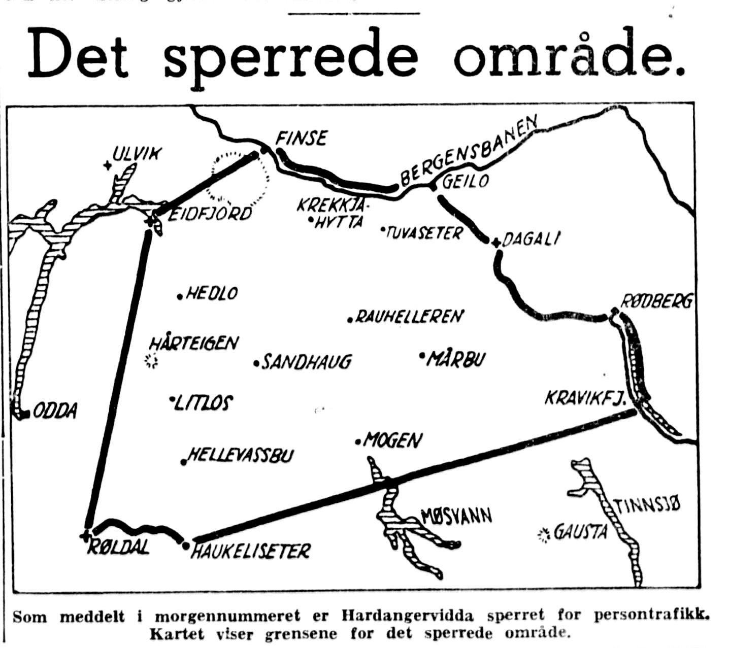 Tyskerne innførte forbud mot å bevege seg på Hardangervidda fra 2. april 1943 og ut krigen. Faksimile fra Aftenposten.